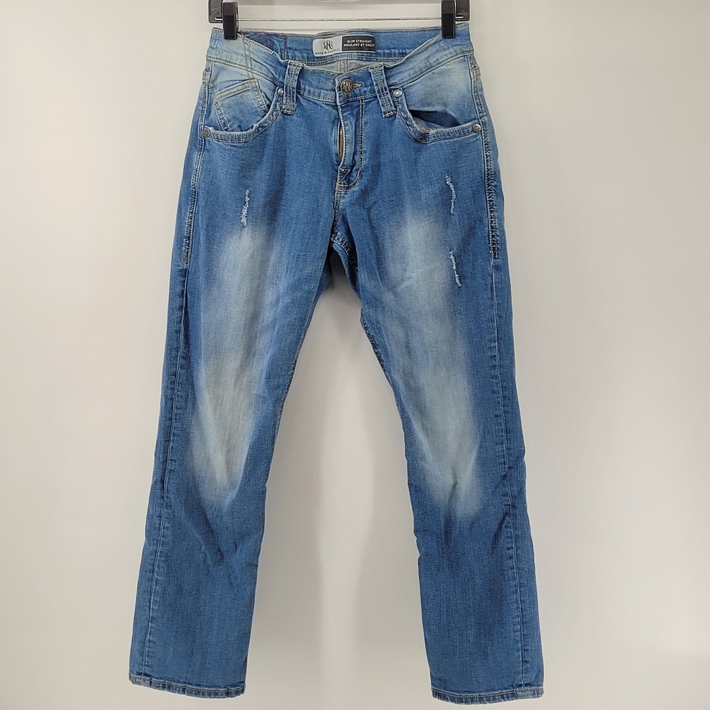 Rock & Republic Slim Straight Jeans Mens 30x32 Blue Distressed Faded‎ Denim